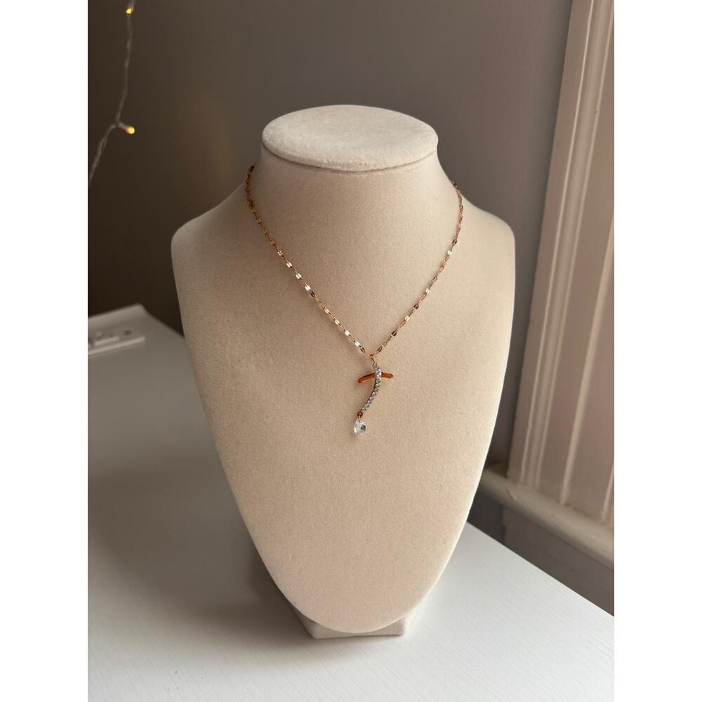 Rose Gold Curved Pendant Necklace Crystal Drop Dainty Elegant Jewelry - Picture 2 of 8